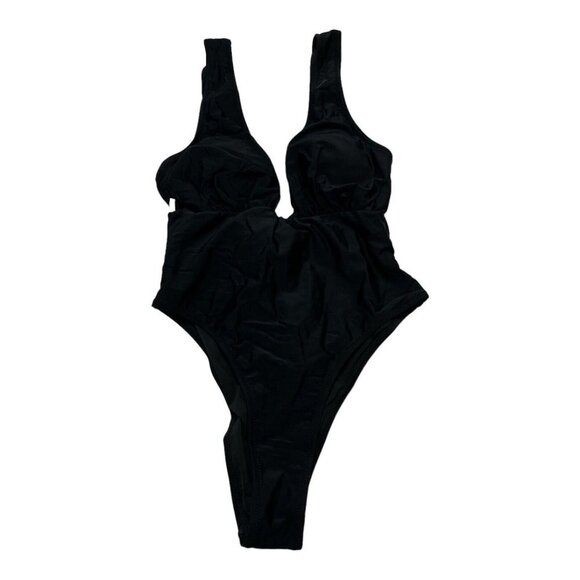 Hilinker‎ Womens S One Piece Bathing Swim Suit Front Tie Bow Black Deep V Neck - Picture 3 of 8